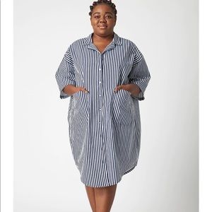 Oge Ajibe *NEW* navy & white striped heavy denim cotton shirt dress size XL/2XL